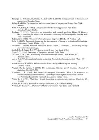 Remenyi, D., Williams, B., Money, A., & Swartz, E. (1998). Doing research in business and
management. London: Sage.
Richey, R. (1986). The theoretical and conceptual bases of instructional design. New York:
Nichols.
Riehl, J. P., & Roy, C. (1980). Conceptual models for nursing practice. New York:
Appleton-Century-Crofts.
Romberg, T. (1992). Perspectives on scholarship and research methods. Dalam D. Grouws
(Ed.), Handbookfor research on mathematics teaching and learning (hIm. 46-64). New
York: Macmillan.
Rudner, R. S. (1966). Philosophy of social science. Englewood Cliffs, NJ: Prentice-Hall.
Seels, B. (1997). Taxonomic issues and the development of theory in instructional technology.
Educational Theory, 37 (1), 12-21.
Silverman, D. (1998). Research and social theory. Dalam C. Seale (Ed.), Researching society
and culture. London: Sage.
Smith, P. L., & Ragan, T. (1999). Instructional design. New York: Wiley.
Troye, S. V. (1994). Evaluation of theory and research. Oslo: Tano.
Tuckman, B. W. (1994). Conducting educational research (4th ed.). Fort Worth, TX:
Harcourt Brace.
Uys, L. R. (1987). Foundational studies in nursing. Journal of Advanced Nursing, 12(3), 275-
280.
Von Glasersfeld, E. (1995). Radical constructivism: A way of knowing and learning.
London: Falmer.
Wagner, D., & Berger, J. (1985). Do sociological theories grow? American Journal of
Sociology, 90 (4),697-728.
Warmbrod, J. R. (1986). The theoretical/conceptual framework: What is its relevance to
conclusions and recommendations? Kertas kerja dibentangkan di mesyuarat tahunan
The American Educational Research Association, Dallas, Texas.
Weick, K. E. (1995). What theory is not, theorizing is. Administrative Science Quarterly, 40,
385-390.
Wilson, H. S. (1985). Research in nursing. Menlo Park, CA: Addison-Wesley.
Wolman, B. (Ed.).(1973). Dictionary of behavioral science. New York: Van Nostrand.
Masalah Pendidikan Jilid 26
Hakcipta@2003 Fakulti Pendidikan Universiti Malaya 61
 