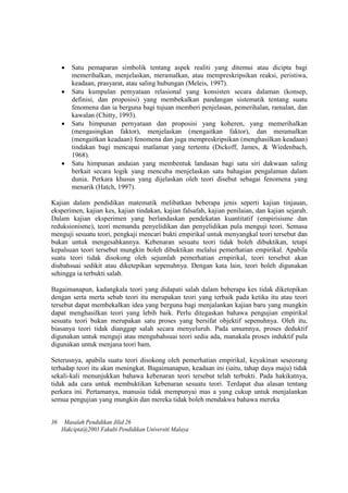  Satu pemaparan simbolik tentang aspek realiti yang ditemui atau dicipta bagi
memerihalkan, menjelaskan, meramalkan, atau mempreskripsikan reaksi, peristiwa,
keadaan, prasyarat, atau saling hubungan (Meleis, 1997).
 Satu kumpulan pemyataan relasional yang konsisten secara dalaman (konsep,
definisi, dan proposisi) yang membekalkan pandangan sistematik tentang suatu
fenomena dan ia berguna bagi tujuan memberi penjelasan, pemerihalan, ramalan, dan
kawalan (Chitty, 1993).
 Satu himpunan pernyataan dan proposisi yang koheren, yang memerihalkan
(mengasingkan faktor), menjelaskan (mengaitkan faktor), dan meramalkan
(mengaitkan keadaan) fenomena dan juga mempreskripsikan (menghasilkan keadaan)
tindakan bagi mencapai matlamat yang tertentu (Dickoff, James, & Wiedenbach,
1968).
 Satu himpunan andaian yang membentuk landasan bagi satu siri dakwaan saling
berkait secara logik yang mencuba menjelaskan satu bahagian pengalaman dalam
dunia. Perkara khusus yang dijelaskan oleh teori disebut sebagai fenomena yang
menarik (Hatch, 1997).
Kajian dalam pendidikan matematik melibatkan beberapa jenis seperti kajian tinjauan,
eksperimen, kajian kes, kajian tindakan, kajian falsafah, kajian penilaian, dan kajian sejarah.
Dalam kajian eksperimen yang berlandaskan pendekatan kuantitatif (empirisisme dan
reduksionisme), teori memandu penyelidikan dan penyelidikan pula menguji teori. Semasa
menguji sesuatu teori, pengkaji mencari bukti empirikal untuk menyangkal teori tersebut dan
bukan untuk mengesahkannya. Kebenaran sesuatu teori tidak boleh dibuktikan, tetapi
kepalsuan teori tersebut mungkin boleh dibuktikan melalui pemerhatian empirikal. Apabila
suatu teori tidak disokong oleh sejumlah pemerhatian ernpirikal, teori tersebut akan
diubahsuai sedikit atau diketepikan sepenuhnya. Dengan kata lain, teori boleh digunakan
sehingga ia terbukti salah.
Bagaimanapun, kadangkala teori yang didapati salah dalam beberapa kes tidak diketepikan
dengan serta merta sebab teori itu merupakan teori yang terbaik pada ketika itu atau teori
tersebut dapat membekalkan idea yang berguna bagi menjalankan kajian baru yang mungkin
dapat menghasilkan teori yang lebih baik. Perlu ditegaskan bahawa pengujian empirikal
sesuatu teori bukan merupakan satu proses yang bersifat objektif sepenuhnya. Oleh itu,
biasanya teori tidak dianggap salah secara menyeluruh. Pada umumnya, proses deduktif
digunakan untuk menguji atau mengubahsuai teori sedia ada, manakala proses induktif pula
digunakan untuk menjana teori bam.
Seterusnya, apabila suatu teori disokong oleh pemerhatian empirikal, keyakinan seseorang
terhadap teori itu akan meningkat. Bagaimanapun, keadaan ini (iaitu, tahap daya maju) tidak
sekali-kali menunjukkan bahawa kebenaran teori tersebut telah terbukti. Pada hakikatnya,
tidak ada cara untuk membuktikan kebenaran sesuatu teori. Terdapat dua alasan tentang
perkara ini. Pertamanya, manusia tidak mempunyai mas a yang cukup untuk menjalankan
semua pengujian yang mungkin dan mereka tidak boleh mendakwa bahawa mereka
36 Masalah Pendidikan Jilid 26
Hakcipta@2003 Fakulti Pendidikan Universiti Malaya
 