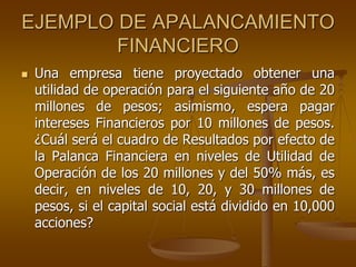 EJEMPLO DE APALANCAMIENTO
FINANCIERO
 Una empresa tiene proyectado obtener una
utilidad de operación para el siguiente año de 20
millones de pesos; asimismo, espera pagar
intereses Financieros por 10 millones de pesos.
¿Cuál será el cuadro de Resultados por efecto de
la Palanca Financiera en niveles de Utilidad de
Operación de los 20 millones y del 50% más, es
decir, en niveles de 10, 20, y 30 millones de
pesos, si el capital social está dividido en 10,000
acciones?
 