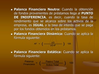  Palanca Financiera Neutra: Cuando la obtención
de fondos provenientes de préstamos llega al PUNTO
DE INDIFERENCIA, es decir, cuando la tasa de
rendimiento que se alcanza sobre los activos de la
empresa, es IGUAL a la tasa de interés que se paga
por los fondos obtenidos en los préstamos.
 Palanca Financiera Dinámica: Cuando se aplica la
fórmula siguiente:
 Palanca Financiera Estática: Cuando se aplica la
fórmula siguiente:
UO
AF = ( UO-IF ) 100
Pasivo Total
Palanca
Financiera
= ( Activo Total ) 100
 