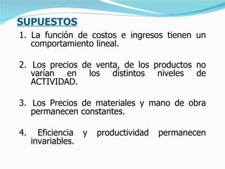 SUPUESTOS 1. La función de costos e ingresos tienen un comportamiento lineal.   2.  Los precios de venta, de los productos no varían en los distintos niveles de ACTIVIDAD.   3.  Los Precios de materiales y mano de obra permanecen constantes.   4.  Eficiencia y productividad permanecen invariables.   