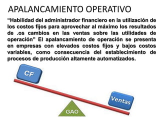 APALANCAMIENTO OPERATIVO
“Habilidad del administrador financiero en la utilización de
los costos fijos para aprovechar al máximo los resultados
de .os cambios en las ventas sobre las utilidades de
operación” El apalancamiento de operación se presenta
en empresas con elevados costos fijos y bajos costos
variables, como consecuencia del establecimiento de
procesos de producción altamente automatizados.
 