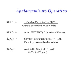 Apalancamiento Operativo   G.A.O.  =    Cambio Porcentual en EBIT  .     Cambio porcentual en las Ventas G.A.O.  =  (∆  en  EBIT/ EBIT)  /  (∆ Ventas/ Ventas)   G.A.O.   =  Cambio Porcentual en EBIT  =  UAII   Cambio porcentual en las Ventas G.A.O.  =  (∆ en EBIT= UAII/ EBIT= UAII)     (∆ Ventas/ Ventas)   