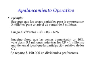 Apalancamiento Operativo Ejemplo: Suponga que los costos variables para la empresa son 3 millones para un nivel de ventas de 5 millones. Luego, CV/Ventas = 3/5 = 0,6 = 60% Imagine ahora que las ventas aumentarán un 10%, vale decir, 5,5 millones, mientras los CF = 1 millón se mantienen al igual que la participación relativa de los CV.   Se reparte $ 150.000 en dividendos preferentes. 