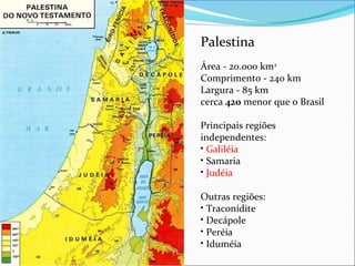 Palestina
Área - 20.000 km2
Comprimento - 240 km
Largura - 85 km
cerca 420 menor que o Brasil
Principais regiões
independentes:
• Galiléia
• Samaria
• Judéia
Outras regiões:
• Traconídite
• Decápole
• Peréia
• Iduméia
 