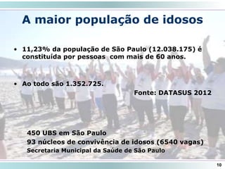 A maior população de idosos
10
450 UBS em São Paulo
93 núcleos de convivência de idosos (6540 vagas)
Secretaria Municipal da Saúde de São Paulo
• 11,23% da população de São Paulo (12.038.175) é
constituída por pessoas com mais de 60 anos.
• Ao todo são 1.352.725.
Fonte: DATASUS 2012
 