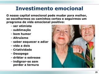 Investimento emocional
O nosso capital emocional pode mudar para melhor,
se escolhermos os caminhos certos e seguirmos um
programa de vida emocional positivo:
– ser otimista
– sublimação
– bom humor
– Altruísmo
– saber esquecer e adiar
– vida a dois
– Criatividade
– Desapego
– driblar o estresse
– indignar-se sem
perder a ternura
29
 