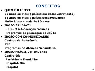 CONCEITOS
• QUEM É O IDOSO
60 anos ou mais ( países em desenvolvimento)
65 anos ou mais ( países desenvolvidos)
Muito idoso – mais de 80 anos
• IDOSO SAUDÁVEL
UBS – 3 a 4 doenças crônicas
Programas de promoção de saúde
• IDOSO COM CO-MORBIDADES
Centros de Referência
PSF
Programas de Atenção Secundária
• IDOSO FRÁGIL DEPENDENTE
Centro-Dia
Assistência Domiciliar
Hospital- Dia
Hospital
4
 