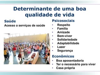 Determinante de uma boa
qualidade de vida
SMRLA
Psicosociais
• Respeito
• Família
• Amizade
• Bem-viver
• Solidariedade
• Adaptabilidade
• Lazer
• Segurança
Econômicos
• Boa aposentadoria
• Ter o necessário para viver
• Casa própria
Saúde
Acesso a serviços de saúde
 