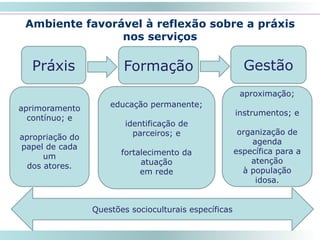 Ambiente favorável à reflexão sobre a práxis
nos serviços
53
aprimoramento
contínuo; e
apropriação do
papel de cada
um
dos atores.
Práxis
educação permanente;
identificação de
parceiros; e
fortalecimento da
atuação
em rede
Formação
aproximação;
instrumentos; e
organização de
agenda
específica para a
atenção
à população
idosa.
Gestão
Questões socioculturais específicas
 