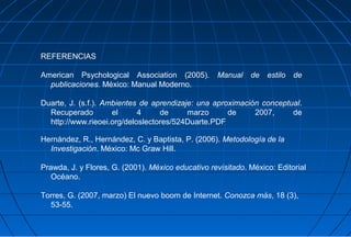 REFERENCIAS

American Psychological Association (2005).         Manual    de   estilo   de
  publicaciones. México: Manual Moderno.

Duarte, J. (s.f.). Ambientes de aprendizaje: una aproximación conceptual.
  Recuperado         el     4     de      marzo      de     2007,     de
  http://www.rieoei.org/deloslectores/524Duarte.PDF

Hernández, R., Hernández, C. y Baptista, P. (2006). Metodología de la
  Investigación. México: Mc Graw Hill.

Prawda, J. y Flores, G. (2001). México educativo revisitado. México: Editorial
   Océano.

Torres, G. (2007, marzo) El nuevo boom de Internet. Conozca más, 18 (3),
  53-55.
 