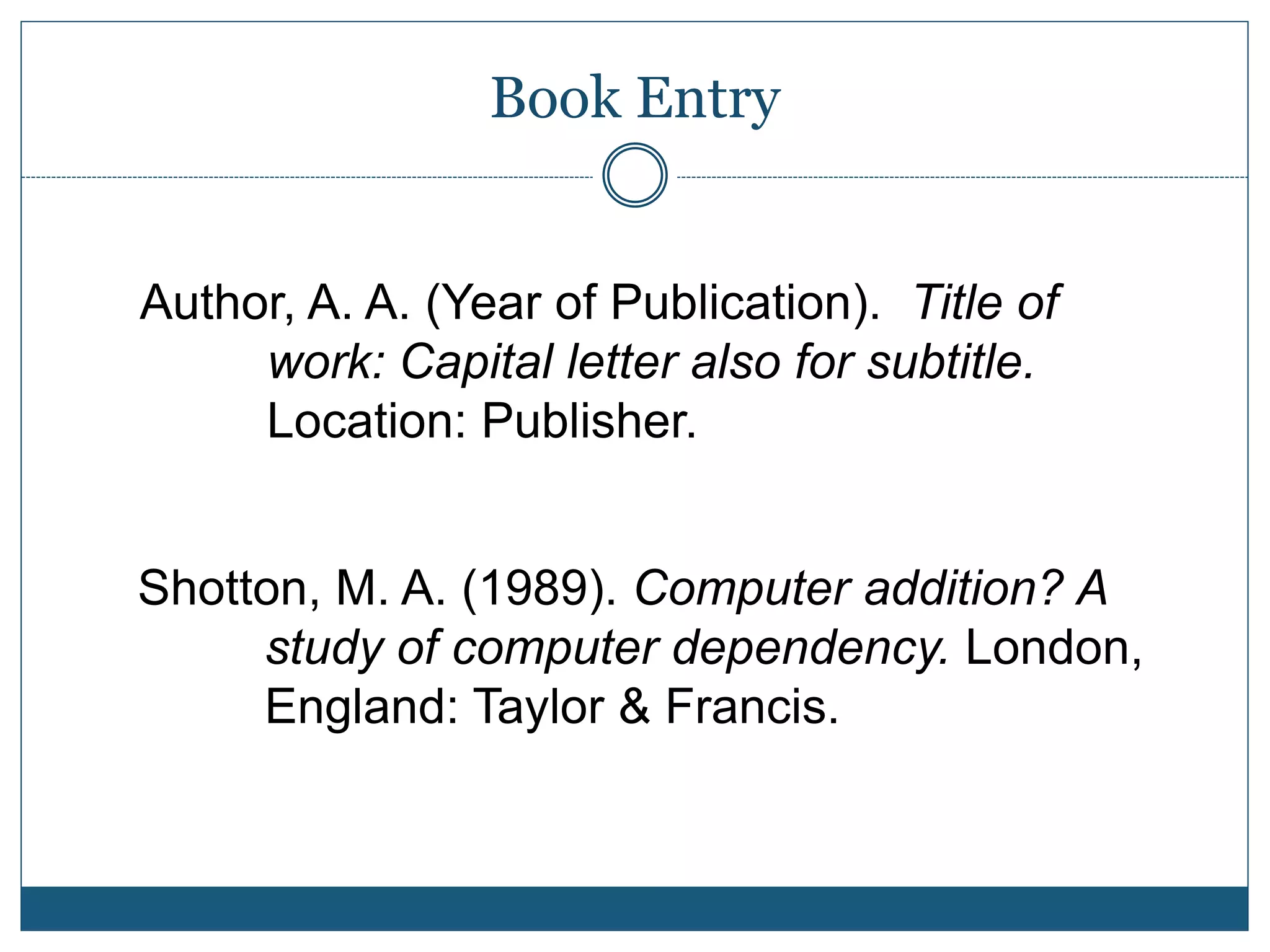 Book Entry
Author, A. A. (Year of Publication). Title of
work: Capital letter also for subtitle.
Location: Publisher.
Shotton, M. A. (1989). Computer addition? A
study of computer dependency. London,
England: Taylor & Francis.
 