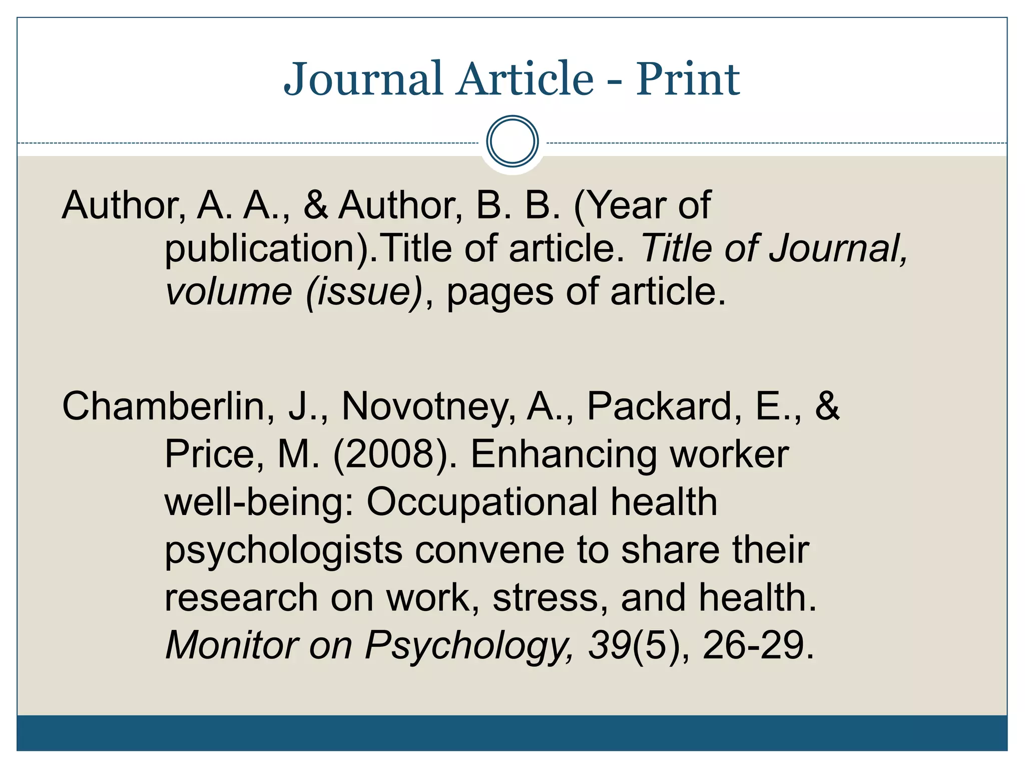 Journal Article - Print
Author, A. A., & Author, B. B. (Year of
publication).Title of article. Title of Journal,
volume (issue), pages of article.
Chamberlin, J., Novotney, A., Packard, E., &
Price, M. (2008). Enhancing worker
well-being: Occupational health
psychologists convene to share their
research on work, stress, and health.
Monitor on Psychology, 39(5), 26-29.
 