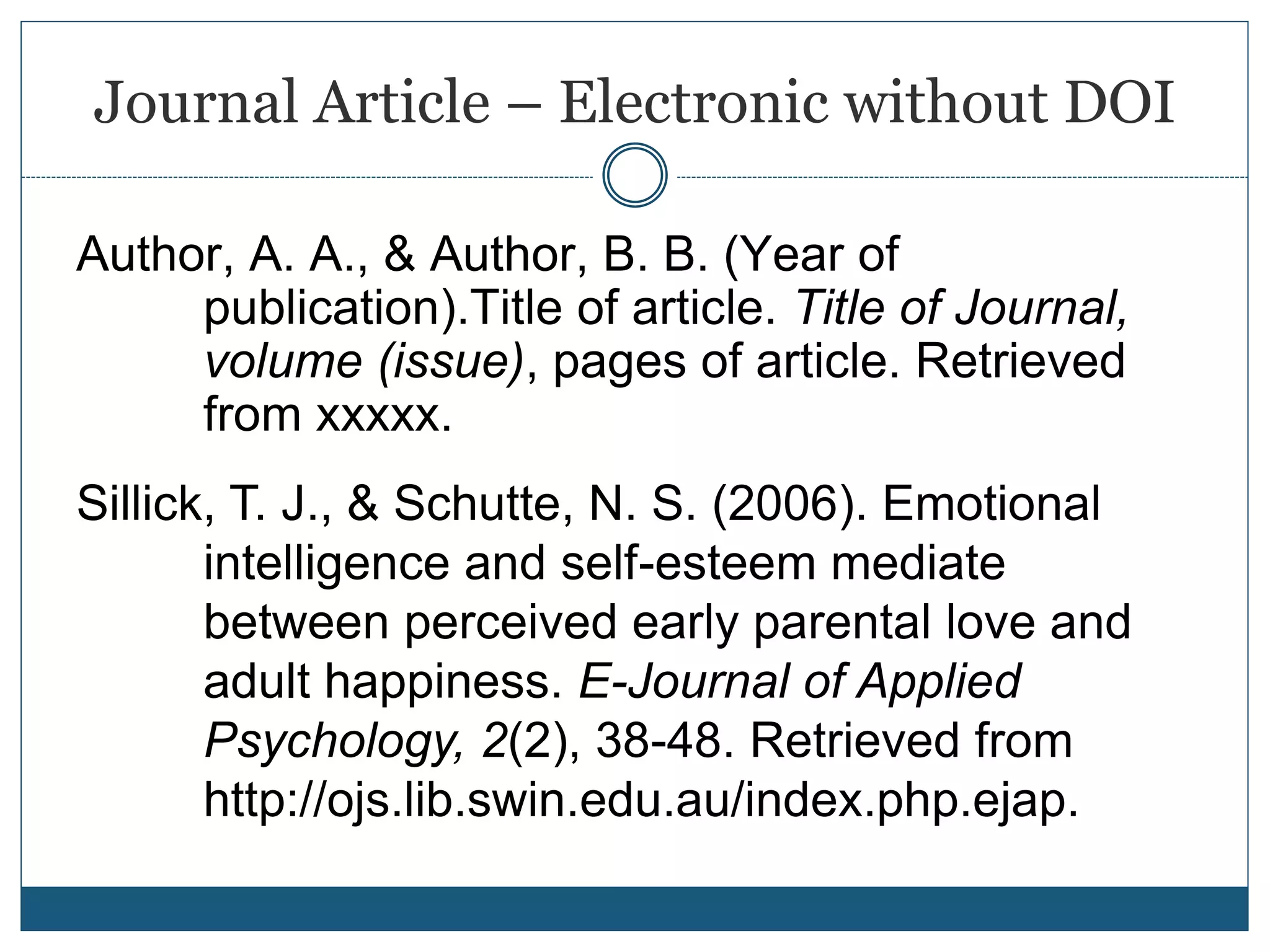 Journal Article – Electronic without DOI
Author, A. A., & Author, B. B. (Year of
publication).Title of article. Title of Journal,
volume (issue), pages of article. Retrieved
from xxxxx.
Sillick, T. J., & Schutte, N. S. (2006). Emotional
intelligence and self-esteem mediate
between perceived early parental love and
adult happiness. E-Journal of Applied
Psychology, 2(2), 38-48. Retrieved from
http://ojs.lib.swin.edu.au/index.php.ejap.
 