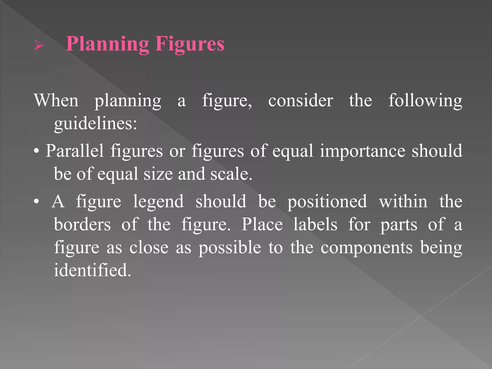  Planning Figures
When planning a figure, consider the following
guidelines:
• Parallel figures or figures of equal importance should
be of equal size and scale.
• A figure legend should be positioned within the
borders of the figure. Place labels for parts of a
figure as close as possible to the components being
identified.
 