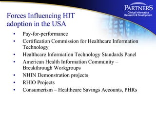 Forces Influencing HIT adoption in the USA <ul><li>Pay-for-performance </li></ul><ul><li>Certification Commission for Heal...