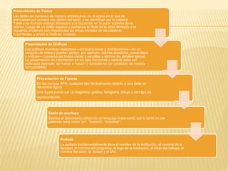 Presentación de Tablas
Las tablas se numeran de manera consecutiva, en el orden en el que se
mencionan por primera vez dentro del texto, y se identifican por la palabra
Tabla y su número arábigo alineados a la izquierda, en la parte superior de la
misma. Luego dé un doble espacio y comience el título de la tabla alineado a la
izquierda anotando con mayúsculas las letras iniciales de las palabras
importantes, y anote el título en cursivas.
Presentación de Gráficas
Las gráficas muestran relaciones—comparaciones y distribuciones—en un
conjunto de datos y pueden exhibir, por ejemplo, valores absolutos, porcentajes
o índices— conserve las líneas claras y sencillas y elimine los detalles ajenos.
La presentación de información en los ejes horizontal y vertical debe ser
ordenada (ejemplo, de menor a mayor) y consistente (en unidades de medida
comparables).
Presentación de Figuras
En las normas APA, cualquier tipo de ilustración distinta a una tabla se
denomina figura.
Una figura puede ser un diagrama, gráfico, fotografía, dibujo u otro tipo de
representación.
Estilo de escritura
Escriba el documento utilizando un lenguaje impersonal; por lo tanto no use
palabras tales como “yo”, “nuestro”, “nosotros”.
Portada
La portada fundamentalmente lleva el nombre de la institución, el nombre de la
facultad, el nombre del programa, el logo de la institución, el título del trabajo, el
nombre del autor, la ciudad y el año.
 