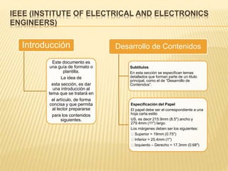 IEEE (INSTITUTE OF ELECTRICAL AND ELECTRONICS
ENGINEERS)
Introducción
Este documento es
una guía de formato o
plantilla.
La idea de
esta sección, es dar
una introducción al
tema que se tratará en
el artículo, de forma
concisa y que permita
al lector prepararse
para los contenidos
siguientes.
Desarrollo de Contenidos
Subtítulos
En esta sección se especifican temas
detallados que forman parte de un titulo
principal, como el de “Desarrollo de
Contenidos”.
Especificación del Papel
El papel debe ser el correspondiente a una
hoja carta estilo
US, es decir 215.9mm (8.5") ancho y
279.4mm (11") largo.
Los márgenes deben ser los siguientes:
Superior = 19mm (0.75")
Inferior = 25.4mm (1")
Izquierdo – Derecho = 17.3mm (0.68")
 