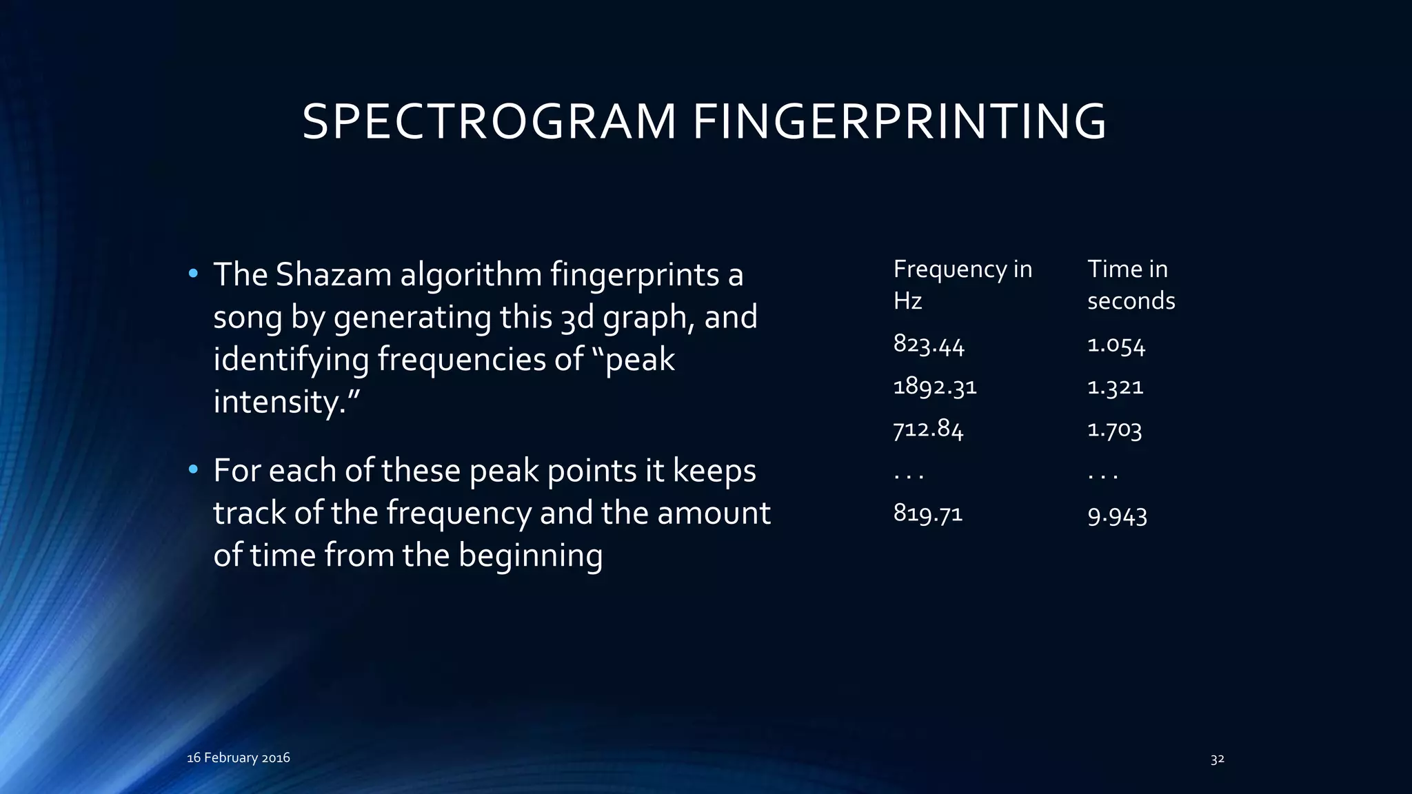 SPECTROGRAM FINGERPRINTING
• The Shazam algorithm fingerprints a
song by generating this 3d graph, and
identifying frequencies of “peak
intensity.”
• For each of these peak points it keeps
track of the frequency and the amount
of time from the beginning
16 February 2016 32
Frequency in
Hz
Time in
seconds
823.44 1.054
1892.31 1.321
712.84 1.703
. . . . . .
819.71 9.943
 