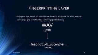 FINGERPRINTING LAYER
16 February 2016 26
WAV
(5MB)
fea690b1-b11dce98-a…
(100KB)
Fingerprint layer carries out the core mathematical analysis of the audio, thereby
converting a 5MB audio file into a 100KB fingerprint (bit string)
 