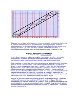 Só porque uma formação se forma após um movimento de subida ou descida significativo, não
é, por si só, sinônimo de inversão. Muitas formações, tais como retângulos, podem ser
classificados como formações de inversão ou de continuação. Dependo muito da ação prévia
do preço, do volume e de outros indicadores à medida que a formação evolui. É na
identificação destas diferenças que a ciência da análise técnica se transforma em arte.


                         Escalas: «semi-log» ou aritmética
                           (09-07-2001 5:08:40 PM por MultiplicadorTRADER)

A partir deste artigo vamos dedicar-nos a explicar melhor alguns conceitos e curiosidades
sobre a análise de gráficos de cotações, nomeadamente sobre padrões e formações,
clarificando um pouco artigos já realizados, mas cuja interpretação pode ser dúbia.

Mas, antes disso, no presente artigo o nosso objetivo é chamar a atenção de todos os leitores
para um aspecto que consideramos ser de extrema importância na análise de gráficos de
preços - o tipo de escala usada no eixo dos Y´s (o preço). Existem dois tipos: o aritmético e o
logarítmico. Uma escala aritmética dispõe 10 pontos que distam o mesmo uns dos outros,
independentemente do nível de preço. Cada unidade de medida é a mesma ao longo da
escala. Se uma ação sobe de 10 para 80 num período de 6 meses, o movimento de 10 para 20
vai ter a mesma distância vertical do que o movimento de 70 para 80. Apesar de tal ser
verdade em termos meramente absolutos, não o é em termos relativos. Enquanto que a subida
de 10 para 20 é de 100%, a subida de 70 para 80 é de apenas 14.28%.

Uma escala logarítmica mede os movimentos de preços em termos percentuais. Uma subida
de 10 para 20 representaria uma subida de 100%. Uma subida de 20 para 40 também
ascenderia a 100%, tal como um avanço de 40 para 80. Todas estas subidas apareceriam com
a mesma distância vertical numa escala logarítmica. A maior parte dos programas de gráficos
referem-se à escala logarítmica como escala "semi-log scale", já que o eixo dos X´s (tempo) é
disposto aritmeticamente.
 