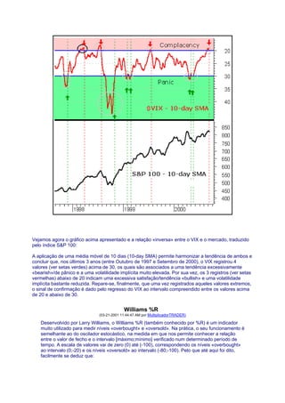 Vejamos agora o gráfico acima apresentado e a relação «inversa» entre o VIX e o mercado, traduzido
pelo índice S&P 100:

A aplicação de uma média móvel de 10 dias (10-day SMA) permite harmonizar a tendência de ambos e
concluir que, nos últimos 3 anos (entre Outubro de 1997 e Setembro de 2000), o VIX registrou 4
valores (ver setas verdes) acima de 30, os quais são associados a uma tendência excessivamente
«bearish»/de pânico e a uma volatilidade implícita muito elevada. Por sua vez, os 3 registros (ver setas
vermelhas) abaixo de 20 indicam uma excessiva satisfação/tendência «bullish» e uma volatilidade
implícita bastante reduzida. Repare-se, finalmente, que uma vez registrados aqueles valores extremos,
o sinal de confirmação é dado pelo regresso do VIX ao intervalo compreendido entre os valores acima
de 20 e abaixo de 30.


                                            Williams %R
                               (03-21-2001 11:44:47 AM por MultiplicadorTRADER)

    Desenvolvido por Larry Williams, o Williams %R (também conhecido por %R) é um indicador
    muito utilizado para medir níveis «overbought» e «oversold». Na prática, o seu funcionamento é
    semelhante ao do oscilador estocástico, na medida em que nos permite conhecer a relação
    entre o valor de fecho e o intervalo [máximo;mínimo] verificado num determinado período de
    tempo. A escala de valores vai de zero (0) até (-100), correspondendo os níveis «overbought»
    ao intervalo (0;-20) e os níveis «oversold» ao intervalo (-80;-100). Pelo que até aqui foi dito,
    facilmente se deduz que:
 