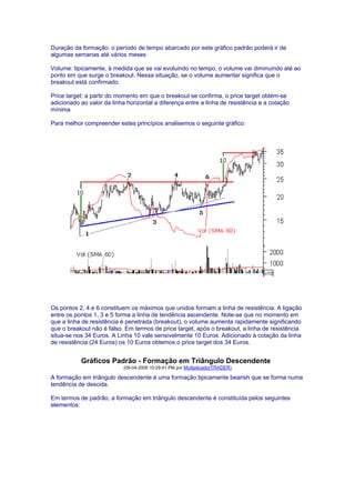 Duração da formação: o período de tempo abarcado por este gráfico padrão poderá ir de
algumas semanas até vários meses

Volume: tipicamente, à medida que se vai evoluindo no tempo, o volume vai diminuindo até ao
ponto em que surge o breakout. Nessa situação, se o volume aumentar significa que o
breakout está confirmado.

Price target: a partir do momento em que o breakout se confirma, o price target obtém-se
adicionado ao valor da linha horizontal a diferença entre a linha de resistência e a cotação
mínima

Para melhor compreender estes princípios analisemos o seguinte gráfico:




Os pontos 2, 4 e 6 constituem os máximos que unidos formam a linha de resistência. A ligação
entre os pontos 1, 3 e 5 forma a linha de tendência ascendente. Note-se que no momento em
que a linha de resistência é penetrada (breakout), o volume aumenta rapidamente significando
que o breakout não é falso. Em termos de price target, após o breakout, a linha de resistência
situa-se nos 34 Euros. A Linha 10 vale sensivelmente 10 Euros. Adicionado à cotação da linha
de resistência (24 Euros) os 10 Euros obtemos o price target dos 34 Euros.


           Gráficos Padrão - Formação em Triângulo Descendente
                            (09-04-2000 10:29:41 PM por MultiplicadorTRADER)

A formação em triângulo descendente é uma formação tipicamente bearish que se forma numa
tendência de descida.

Em termos de padrão, a formação em triângulo descendente é constituída pelos seguintes
elementos:
 