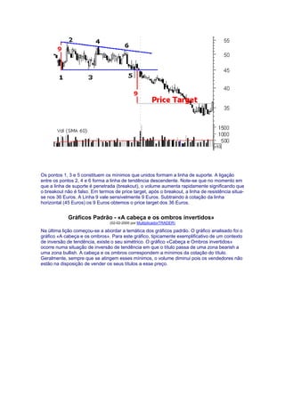 Os pontos 1, 3 e 5 constituem os mínimos que unidos formam a linha de suporte. A ligação
entre os pontos 2, 4 e 6 forma a linha de tendência descendente. Note-se que no momento em
que a linha de suporte é penetrada (breakout), o volume aumenta rapidamente significando que
o breakout não é falso. Em termos de price target, após o breakout, a linha de resistência situa-
se nos 36 Euros. A Linha 9 vale sensivelmente 9 Euros. Subtraindo à cotação da linha
horizontal (45 Euros) os 9 Euros obtemos o price target dos 36 Euros.


             Gráficos Padrão - «A cabeça e os ombros invertidos»
                                 (02-02-2000 por MultiplicadorTRADER)

Na última lição começou-se a abordar a temática dos gráficos padrão. O gráfico analisado foi o
gráfico «A cabeça e os ombros». Para este gráfico, tipicamente exemplificativo de um contexto
de inversão de tendência, existe o seu simétrico. O gráfico «Cabeça e Ombros invertidos»
ocorre numa situação de inversão de tendência em que o título passa de uma zona bearish a
uma zona bullish. A cabeça e os ombros correspondem a mínimos da cotação do título.
Geralmente, sempre que se atingem esses mínimos, o volume diminui pois os vendedores não
estão na disposição de vender os seus títulos a esse preço.
 