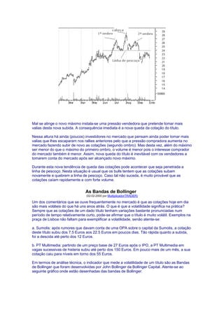 Mal se atinge o novo máximo instala-se uma pressão vendedora que pretende tomar mais
valias desta nova subida. A consequência imediata é a nova queda da cotação do título.

Nessa altura há ainda (poucos) investidores no mercado que pensam ainda poder tomar mais
valias que lhes escaparam nos rallies anteriores pelo que a pressão compradora aumenta no
mercado fazendo subir de novo as cotações (segundo ombro). Mas desta vez, além do máximo
ser menor do que o máximo do primeiro ombro, o volume é menor pois o interesse comprador
do mercado também é menor. Assim, nova queda do título é inevitável com os vendedores a
tomarem conta do mercado após ser alcançado novo máximo.

Durante esta nova tendência de queda das cotações pode acontecer que seja penetrada a
linha de pescoço. Nesta situação é usual que os bulls tentem que as cotações subam
novamente e quebrem a linha de pescoço. Caso tal não suceda, é muito provável que as
cotações caíam rapidamente e com forte volume.


                                As Bandas de Bollinger
                                (02-02-2000 por MultiplicadorTRADER)

Um dos comentários que se ouve frequentemente no mercado é que as cotações hoje em dia
são mais voláteis do que há uns anos atrás. O que é que a volatilidade significa na prática?
Sempre que as cotações de um dado título tenham variações bastante pronunciadas num
período de tempo relativamente curto, pode-se afirmar que o título é muito volátil. Exemplos na
praça de Lisboa não faltam para exemplificar a volatilidade, senão atente-se:

a. Sumolis: após rumores que davam conta de uma OPA sobre o capital da Sumolis, a cotação
deste título subiu dos 7.5 Euros aos 22.5 Euros em poucos dias. Tão rápida quanto a subida,
foi a descida até perto dos 12 Euros.

b. PT Multimedia: partindo de um preço base de 27 Euros após o IPO, a PT Multimedia em
vagas sucessivas de histeria subiu até perto dos 150 Euros. Em pouco mais de um mês, a sua
cotação caiu para níveis em torno dos 55 Euros.

Em termos de análise técnica, o indicador que mede a volatilidade de um título são as Bandas
de Bollinger que foram desenvolvidas por John Bollinger da Bollinger Capital. Atente-se ao
seguinte gráfico onde estão desenhadas das bandas de Bollinger:
 