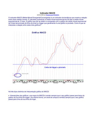 Indicador MACD
                                        (02-02-2000 por MultiplicadorTRADER)

O indicador MACD (Média Móvel Divergente/Convergente) é um indicador de tendência que mostra a relação
entre duas médias móveis. É calculado subtraindo à média móvel exponencial de 26 dias a média móvel
exponencial de 12 dias. O gráfico que daí se obtém é comparado com o gráfico da média móvel exponencial
de 9 dias denominada de linha de sinal ou trigger que geralmente é uma gráfico a picotado. Como é que se
interpreta a relação entre estes dois gráficos?




Há três tipos distintos de interpretação gráfica do MACD:

• Intersecções dos gráficos: uma regra do MACD é vender sempre que o seu gráfico passe para baixo do
gráfico da sua linha de trigger. Da mesma forma, um sinal de compra é emitido sempre que o seu gráfico
passa para cima da sua linha de triger.
 