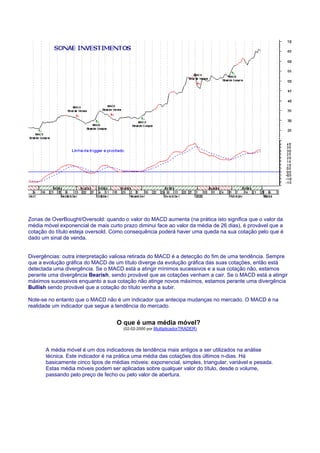 Zonas de OverBought/Oversold: quando o valor do MACD aumenta (na prática isto significa que o valor da
média móvel exponencial de mais curto prazo diminui face ao valor da média de 26 dias), é provável que a
cotação do título esteja oversold. Como consequência poderá haver uma queda na sua cotação pelo que é
dado um sinal de venda.


Divergências: outra interpretação valiosa retirada do MACD é a detecção do fim de uma tendência. Sempre
que a evolução gráfica do MACD de um título diverge da evolução gráfica das suas cotações, então está
detectada uma divergência. Se o MACD está a atingir mínimos sucessivos e a sua cotação não, estamos
perante uma divergência Bearish, sendo provável que as cotações venham a cair. Se o MACD está a atingir
máximos sucessivos enquanto a sua cotação não atinge novos máximos, estamos perante uma divergência
Bullish sendo provável que a cotação do título venha a subir.

Note-se no entanto que o MACD não é um indicador que antecipa mudanças no mercado. O MACD é na
realidade um indicador que segue a tendência do mercado.


                                    O que é uma média móvel?
                                       (02-02-2000 por MultiplicadorTRADER)




       A média móvel é um dos indicadores de tendência mais antigos a ser utilizados na análise
       técnica. Este indicador é na prática uma média das cotações dos últimos n-dias. Há
       basicamente cinco tipos de médias móveis: exponencial, simples, triangular, variável e pesada.
       Estas média móveis podem ser aplicadas sobre qualquer valor do título, desde o volume,
       passando pelo preço de fecho ou pelo valor de abertura.
 