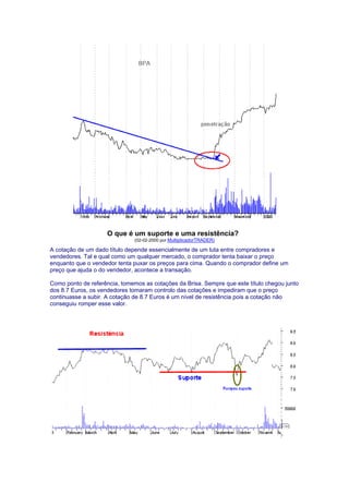O que é um suporte e uma resistência?
                               (02-02-2000 por MultiplicadorTRADER)

A cotação de um dado título depende essencialmente de um luta entre compradores e
vendedores. Tal e qual como um qualquer mercado, o comprador tenta baixar o preço
enquanto que o vendedor tenta puxar os preços para cima. Quando o comprador define um
preço que ajuda o do vendedor, acontece a transação.

Como ponto de referência, tomemos as cotações da Brisa. Sempre que este título chegou junto
dos 8.7 Euros, os vendedores tomaram controlo das cotações e impediram que o preço
continuasse a subir. A cotação de 8.7 Euros é um nível de resistência pois a cotação não
conseguiu romper esse valor.
 