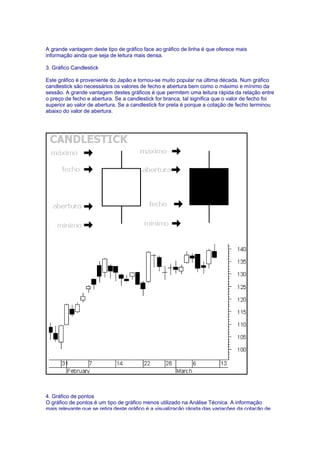 A grande vantagem deste tipo de gráfico face ao gráfico de linha é que oferece mais
informação ainda que seja de leitura mais densa.

3. Gráfico Candlestick

Este gráfico é proveniente do Japão e tornou-se muito popular na última década. Num gráfico
candlestick são necessários os valores de fecho e abertura bem como o máximo e mínimo da
sessão. A grande vantagem destes gráficos é que permitem uma leitura rápida da relação entre
o preço de fecho e abertura. Se a candlestick for branca, tal significa que o valor de fecho foi
superior ao valor de abertura. Se a candlestick for preta é porque a cotação de fecho terminou
abaixo do valor de abertura.




4. Gráfico de pontos
O gráfico de pontos é um tipo de gráfico menos utilizado na Análise Técnica. A informação
mais relevante que se retira deste gráfico é a visualização rápida das variações da cotação de
 