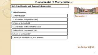 Semester :I
Mr. Tushar J Bhatt
1
Fundamental of Mathematics - I
Unit- 1: Arithmetic and Geometric Progression
1. Introduction
Table of contents
2. Arithmetic Progression (AP)
3. Sum of Series in AP
4. Arithmetic and Geometric Mean
5. Geometric Progression (GP)
6. Sum of Series in GP
7. Relation Between AM, GM and HM
 