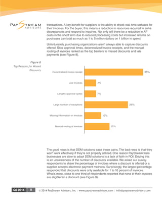 © 2014 PayStream Advisors, Inc | www.paystreamadvisors.com | info@paystreamadvisors.com
transactions. A key benefit for suppliers is the ability to check real-time statuses for
their invoices. For the buyer, this means a reduction in resources required to solve
discrepancies and respond to inquiries. Not only will there be a reduction in AP
costs in the short term due to reduced processing costs but increased returns on
purchases can total as much as 1 to 5 million dollars on 1 billion in spend.
Unfortunately, purchasing organizations aren’t always able to capture discounts
offered. Slow approval times, decentralized invoice receipts, and the manual
routing of invoices ranked as the top barriers to missed discounts and late
payments (see Figure 8).
The good news is that DDM solutions ease these pains. The bad news is that they
won’t work effectively if they’re not properly utilized. One reason PayStream feels
businesses are slow to adopt DDM solutions is a lack of faith in ROI. Driving this
is an unawareness of the number of discounts available. We asked our survey
respondents to share the percentage of invoices where a discount is offered or a
supplier accepts electronic payment methods. Surprisingly, the largest percentage
responded that discounts were only available for 1 to 10 percent of invoices.
What’s more, close to one third of respondents reported that none of their invoices
are eligible for a discount (see Figure 9).
Figure 8
Top Reasons for Missed
Discounts
 