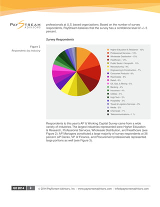 © 2014 PayStream Advisors, Inc | www.paystreamadvisors.com | info@paystreamadvisors.com
professionals at U.S. based organizations. Based on the number of survey
respondents, PayStream believes that the survey has a confidence level of +/- 5
percent.
Survey Respondents
Respondents to this year’s AP & Working Capital Survey came from a wide
variety of industries. The largest industries represented were Higher Education
& Research, Professional Services, Wholesale Distribution, and Healthcare (see
Figure 2). AP Managers constituted a large majority of survey respondents at 38
percent. AP Clerks, VP of Finance, and Procurement professionals represented
large portions as well (see Figure 3).
Figure 2
Respondents by Industry Higher Education & Research - 13%
Professional Services - 13%
Wholesale Distribution - 13%
Healthcare - 12%
Public Sector / Nonprofit - 11%
Manufacturing - 8%
Engineering & Construction - 7%
Consumer Products - 6%
Real Estate - 6%
Retail - 6%
Oil, Gas, & Mining - 5%
Banking - 4%
Insurance - 4%
Utilities - 4%
High Tech - 3%
Hospitality - 3%
Travel & Logistics Services - 3%
Media - 2%
Chemicals - 1%
Telecommunications -1 %
 