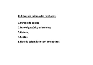 III-Estrutura Interna das minhocas:

1.Parede do corpo;
2.Trato digestório; e sistemas;
3.Celoma;
4.Septos;
5.Líquido celomático com amebócitos;
 