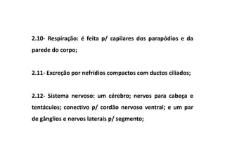 2.10- Respiração: é feita p/ capilares dos parapódios e da
parede do corpo;


2.11- Excreção por nefrídios compactos com ductos ciliados;


2.12- Sistema nervoso: um cérebro; nervos para cabeça e
tentáculos; conectivo p/ cordão nervoso ventral; e um par
de gânglios e nervos laterais p/ segmento;
 