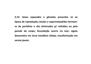 2.13- Sexos separados e gônadas presentes só na
época de reprodução; óvulos e espermatozóides formam-
se do peritônio e são eliminados p/ nefrídios ou pela
parede do corpo; fecundação ocorre no mar; zigoto
desenvolve em larva trocófora ciliada, transformação em
verme jovem.
 