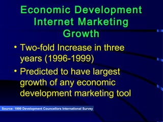 Economic DevelopmentEconomic Development
Internet MarketingInternet Marketing
GrowthGrowth
• Two-fold Increase in three
years (1996-1999)
• Predicted to have largest
growth of any economic
development marketing tool
Source: 1999 Development Councellors International Survey
 