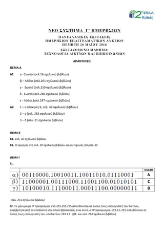 ΑΠΑΝΤΗΣΕΙΣ
ΘΕΜΑ Α
Α1. α - Σωστό (σελ.16 σχολικού βιβλίου)
β – Λάθος (σελ.261 σχολικού βιβλίου)
γ - Σωστό (σελ.210 σχολικού βιβλίου)
δ - Σωστό (σελ.240 σχολικού βιβλίου)
ε - Λάθος (σελ.247 σχολικού βιβλίου)
Α2. 1 – α (Άσκηση 9, σελ. 49 σχολικού βιβλίου)
2 – γ (σελ. 283 σχολικού βιβλίου)
3 – δ (σελ. 21 σχολικού βιβλίου)
ΘΕΜΑ Β
Β1. Σελ. 36 σχολικού βιβλίου
Β1. Ο ορισμός στη σελ. 20 σχολικού βιβλίου και οι τεχνικές στη σελ.30
ΘΕΜΑ Γ
Γ1.
ΚΛΑΣΗ
Α
C
B
(σελ. 251 σχολικού βιβλίου)
Γ2. Το μήνυμα με IP προορισμού 255.255.255.255 απευθύνεται σε όλους τους υπολογιστές του δικτύου,
ανεξάρτητα από το υποδίκτυο στο οποίο βρίσκονται, ενώ αυτό με IP προορισμού 193.1.1.255 απευθύνεται σε
όλους τους υπολογιστές του υποδικτύου 193.1.1 (βλ. και σελ. 254 σχολικού βιβλίου)
 