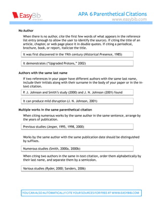 APA 6 Parenthetical Citations
                                                                    www.easybib.com

No Author
   When there is no author, cite the first few words of what appears in the reference
   list entry (enough to allow the user to identify the source). If citing the title of an
   article, chapter, or web page place it in double quotes. If citing a periodical,
   brochure, book, or report, italicize the title.

   It was first discovered in the 19th century (Historical Presence, 1985)

   It demonstrates (“Upgraded Protons,” 2002)

Authors with the same last name
   If two references in your paper have different authors with the same last name,
   include their initials along with their surname in the body of your paper or in the in-
   text citation.
   P. J. Johnson and Smith’s study (2000) and J. N. Johnson (2001) found

   It can produce mild disruption (J. N. Johnson, 2001)

Multiple works in the same parenthetical citation
   When citing numerous works by the same author in the same sentence, arrange by
   the years of publication.

   Previous studies (Jesper, 1995, 1998, 2000)


   Works by the same author with the same publication date should be distinguished
   by suffixes.

   Numerous studies (Smith, 2000a, 2000b)

   When citing two authors in the same in-text citation, order them alphabetically by
   their last name, and separate them by a semicolon.

   Various studies (Ryder, 2000; Sanders, 2006)




  YOU CAN ALSO AUTOMATICALLY CITE YOUR SOURCES FOR FREE AT WWW.EASYBIB.COM
 