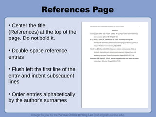 References Page
• Center the title
(References) at the top of the
page. Do not bold it.
• Double-space reference
entries
• Flush left the first line of the
entry and indent subsequent
lines
• Order entries alphabetically
by the author’s surnames
 