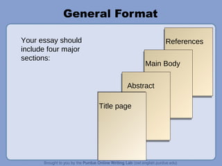 References
Main Body
Abstract
General Format
Title page
Your essay should
include four major
sections:
 