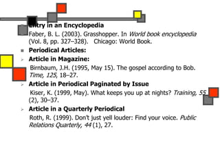  Entry in an Encyclopedia
 Faber, B. L. (2003). Grasshopper. In World book encyclopedia
(Vol. 8, pp. 327–328). Chicago: World Book.
 Periodical Articles:
 Article in Magazine:
Birnbaum, J.H. (1995, May 15). The gospel according to Bob.
Time, 125, 18–27.
 Article in Periodical Paginated by Issue
Kiser, K. (1999, May). What keeps you up at nights? Training, 55
(2), 30–37.
 Article in a Quarterly Periodical
Roth, R. (1999). Don’t just yell louder: Find your voice. Public
Relations Quarterly, 44 (1), 27.
 