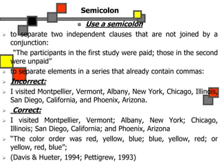 Semicolon
 Use a semicolon
 to separate two independent clauses that are not joined by a
conjunction:
“The participants in the first study were paid; those in the second
were unpaid”
 to separate elements in a series that already contain commas:
 Incorrect:
 I visited Montpellier, Vermont, Albany, New York, Chicago, Illinois,
San Diego, California, and Phoenix, Arizona.
 Correct:
 I visited Montpellier, Vermont; Albany, New York; Chicago,
Illinois; San Diego, California; and Phoenix, Arizona
 “The color order was red, yellow, blue; blue, yellow, red; or
yellow, red, blue”;
 (Davis & Hueter, 1994; Pettigrew, 1993)
 