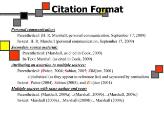 Citation Format
Personal communication:
Parenthetical: (H. R. Marshall, personal communication, September 17, 2009)
In-text: H. R. Marshall (personal communication, September 17, 2009)
Secondary source material:
Parenthetical: (Marshall, as cited in Cook, 2009)
In-Text: Marshall (as cited in Cook, 2009)
Attributing an assertion to multiple sources:
Parenthetical: (Paiste, 2004; Sabian, 2005; Zildjian, 2001)
alphabetical (as they appear in reference list) and separated by semicolons
In-text: Paiste (2004), Sabian (2005), and Zildjian (2001)
Multiple sources with same author and year:
Parenthetical: (Marshall, 2009a)…(Marshall, 2009b)…(Marshall, 2009c)
In-text: Marshall (2009a)…Marshall (2009b)…Marshall (2009c)
 