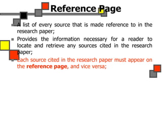 Reference Page
 A list of every source that is made reference to in the
research paper;
 Provides the information necessary for a reader to
locate and retrieve any sources cited in the research
paper;
 Each source cited in the research paper must appear on
the reference page, and vice versa;
 
