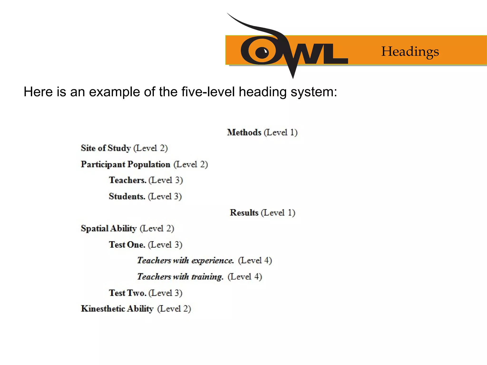 Here is an example of the five-level heading system:
Headings
 