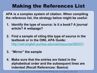 Making the References List
1. Identify the type of source: Is it a book? A journal
article? A webpage?
2. Find a sample of citing this type of source in the
textbook or in the OWL APA Guide:
http://owl.english.purdue.edu/owl/resource/560/01/
3. “Mirror” the sample
4. Make sure that the entries are listed in the
alphabetical order and the subsequent lines are
indented (Recall References: Basics)
APA is a complex system of citation. When compiling
the reference list, the strategy below might be useful:
 